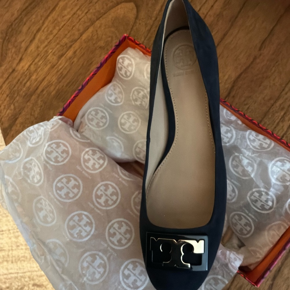 Tory Burch Navy Flats with Silver Emblem